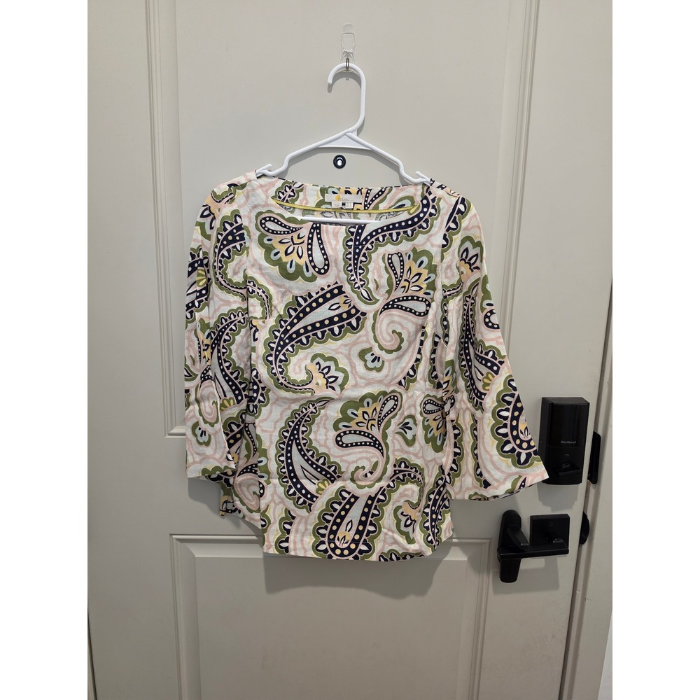 Boden Paisley Linen Blouse Womens Size 2 Multicolor Excellent Bell Sleeve Top
